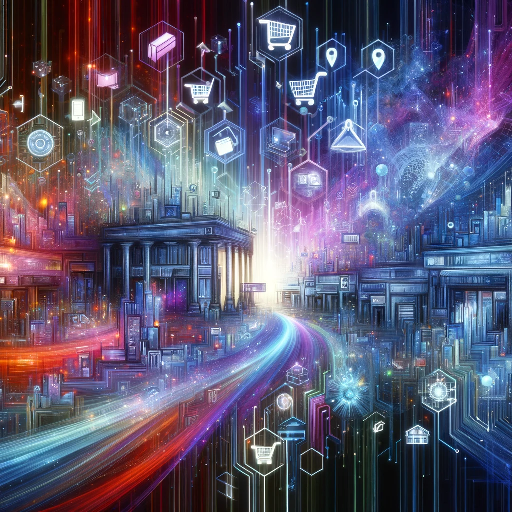 Digital art of a futuristic online marketplace blending traditional commerce with internet technology, featuring abstract online transactions, digital currencies, and data streams against a backdrop of subtle traditional store outlines.