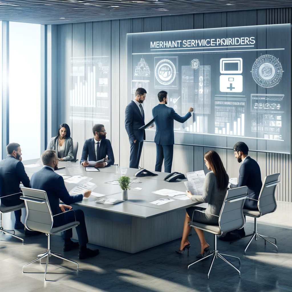 DALL·E-2024-04-15-18.06.42-A-modern-professional-office-scene-depicting-a-business-meeting-focused-on-discussing-Merchant-Service-Providers-MSPs.-The-setting-is-a-sleek-confe
