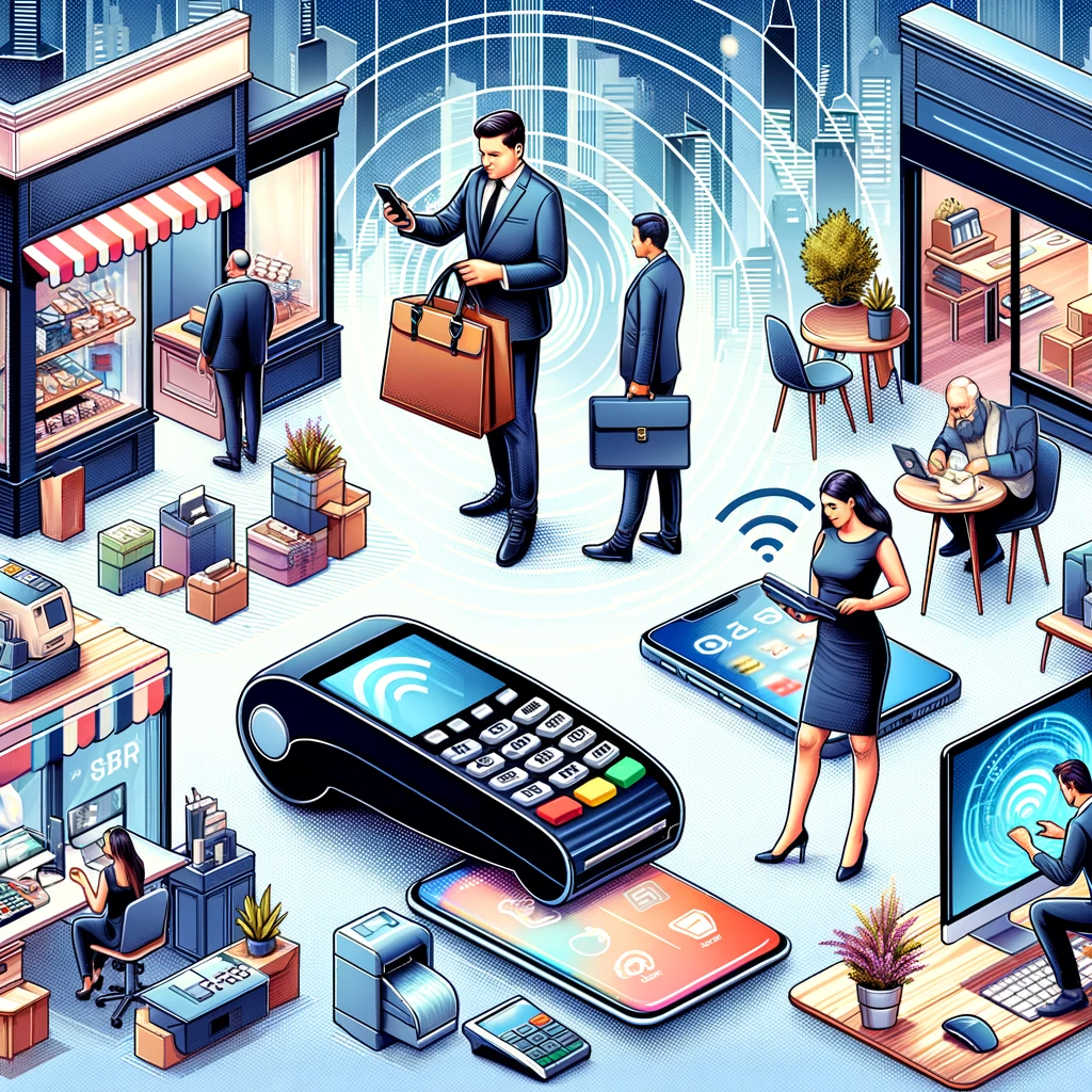 Illustration of diverse merchant card processing methods in a corporate setting, featuring a retail POS terminal, a touchtone phone, a wireless terminal at an outdoor event, and online payment processing in an office.