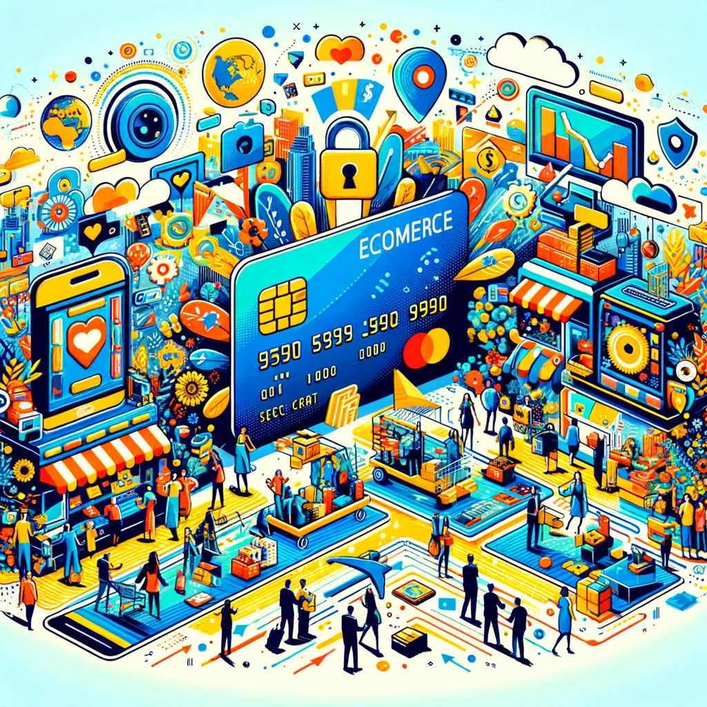 Digital marketplace illustration showing merchants and customers in secure online transactions with symbols of security like locks and shields, emphasizing ecommerce credit card processing efficiency.